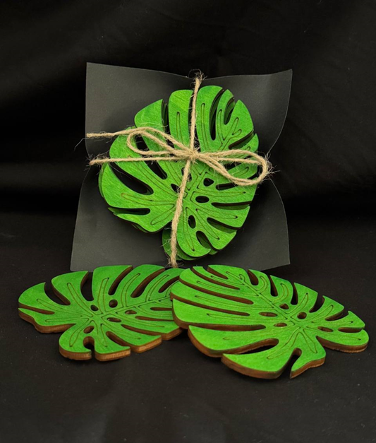 Suport Pahar Lemn Monstera Verde